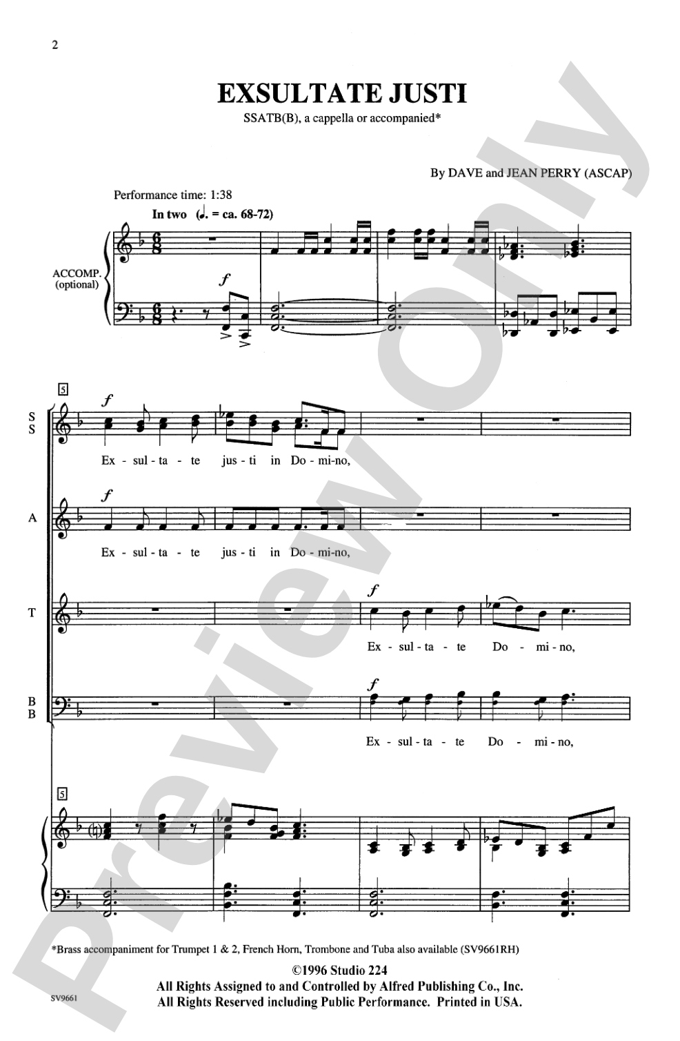 Exsultate Justi: SSATB(B), <I>a cappella</I> or Accompanied Choral Octavo