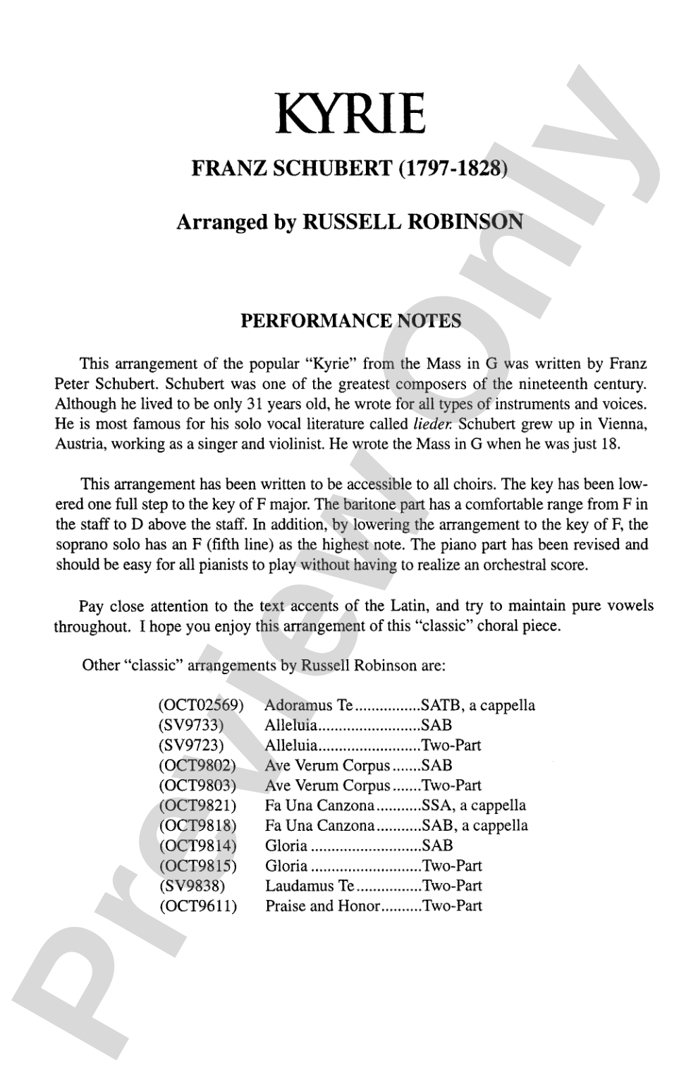 Kyrie (from the <I>Mass in G</I>): SAB Choral Octavo