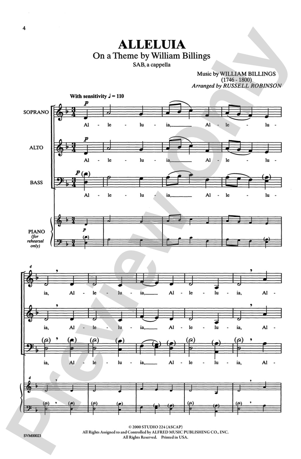 Alleluia (On a Theme by William Billings): SAB, <I>a cappella</I> Choral Octavo