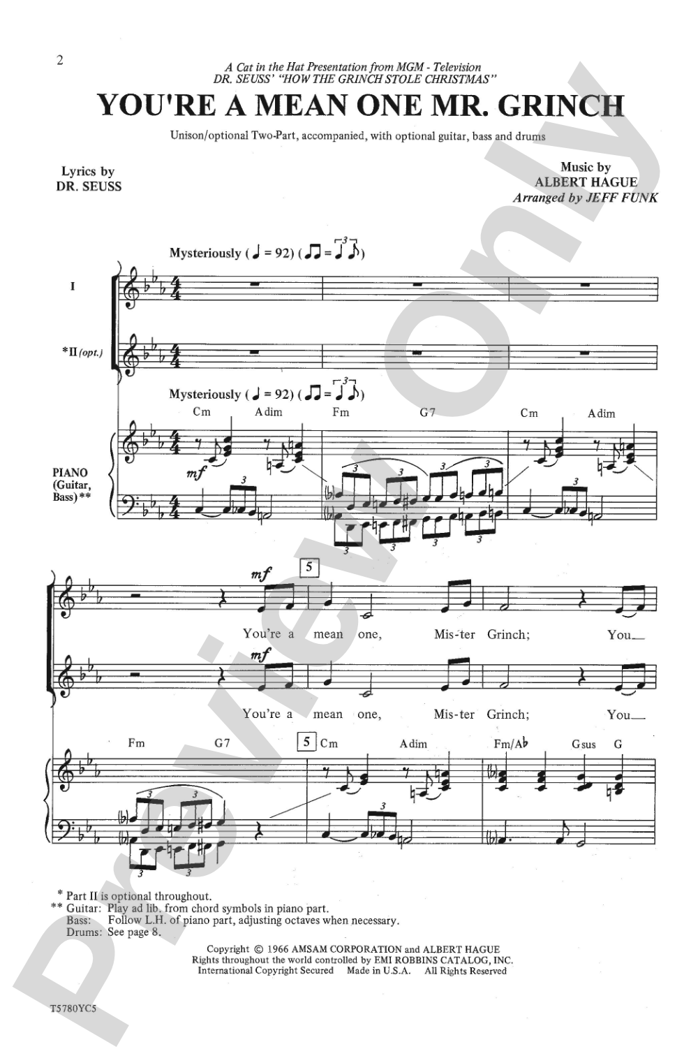 You're a Mean One, Mr. Grinch (from "How the Grinch Stole Christmas"): Unison / Opt. 2-Part Choral Octavo