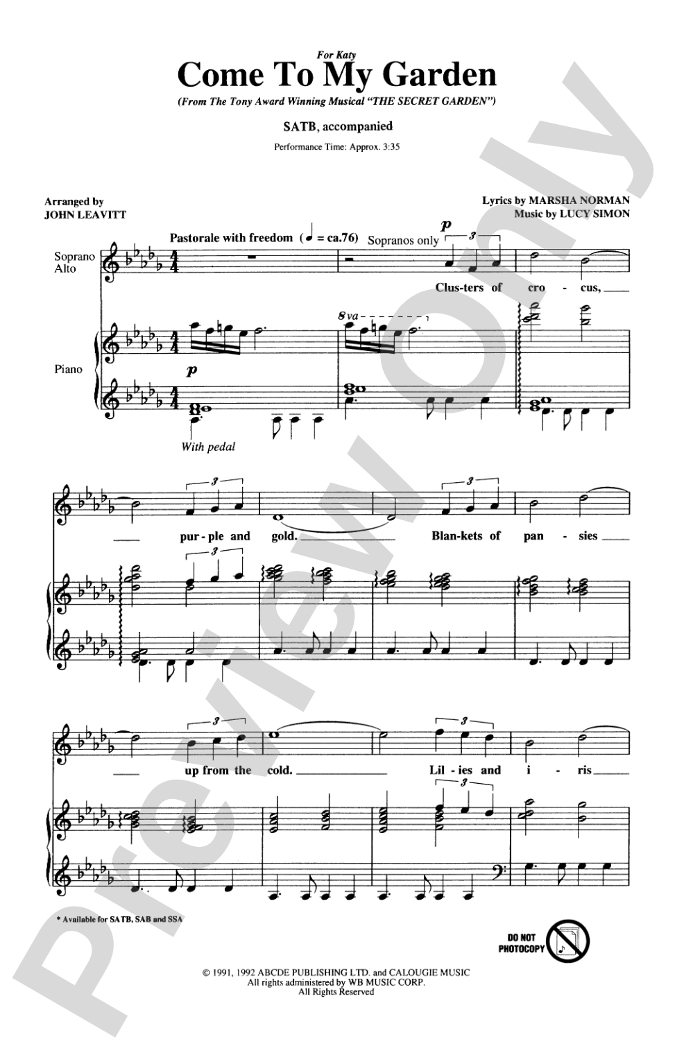 Come to My Garden (from <I>The Secret Garden</I>): SATB Choral Octavo