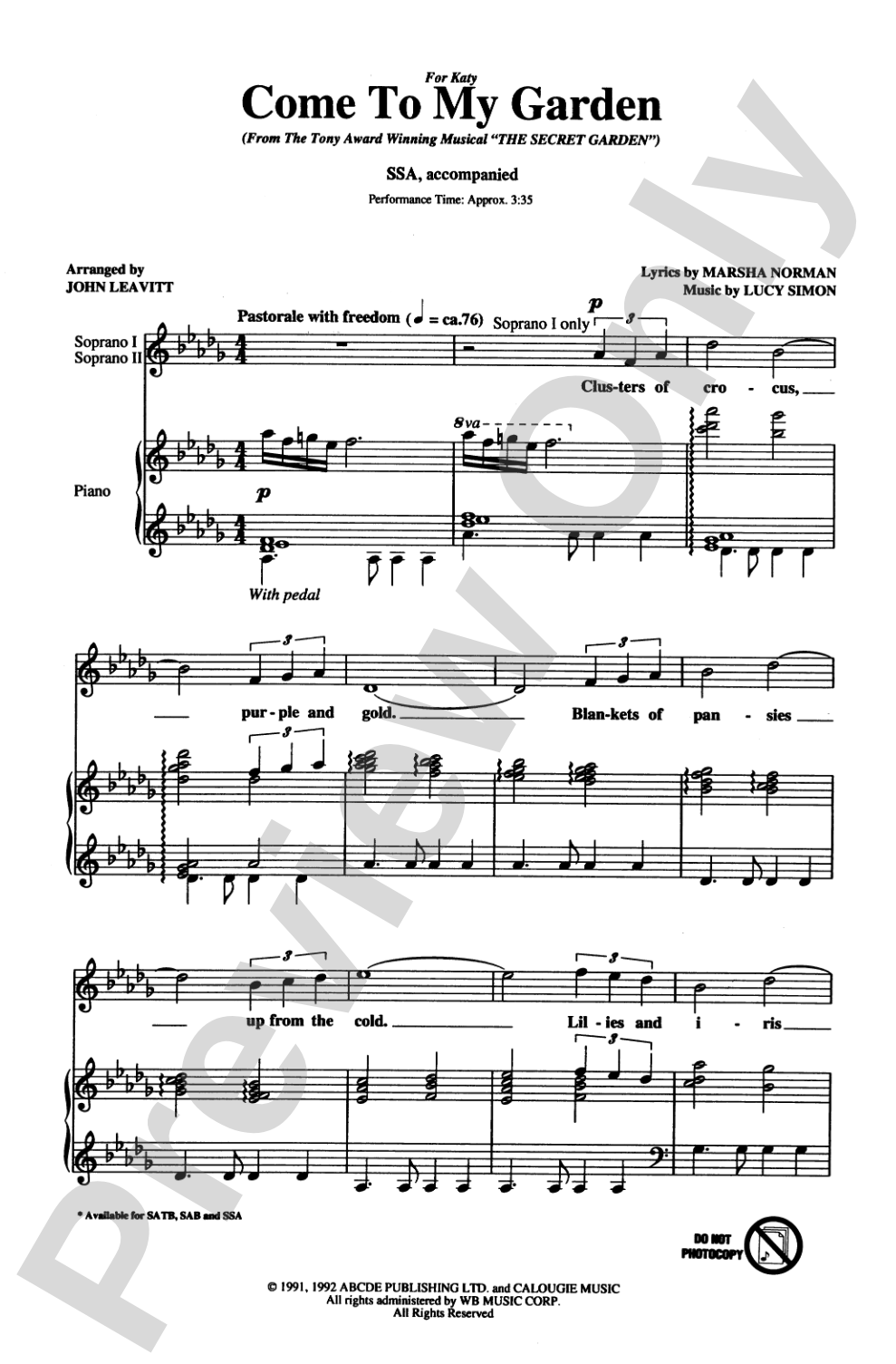 Come to My Garden (from <I>The Secret Garden</I>): SSA Choral Octavo