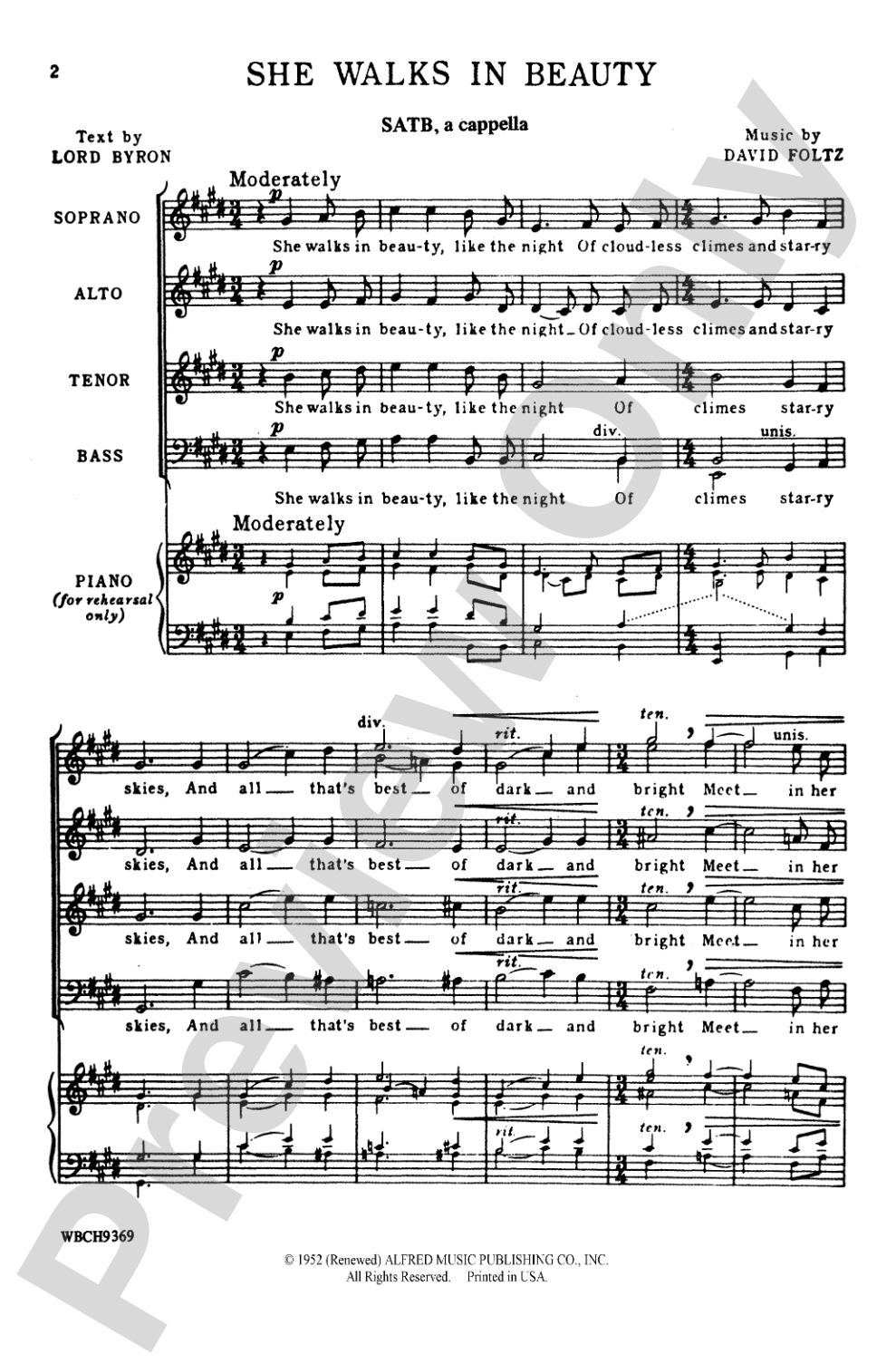 She Walks in Beauty: SATB, <I>a cappella</I> Choral Octavo