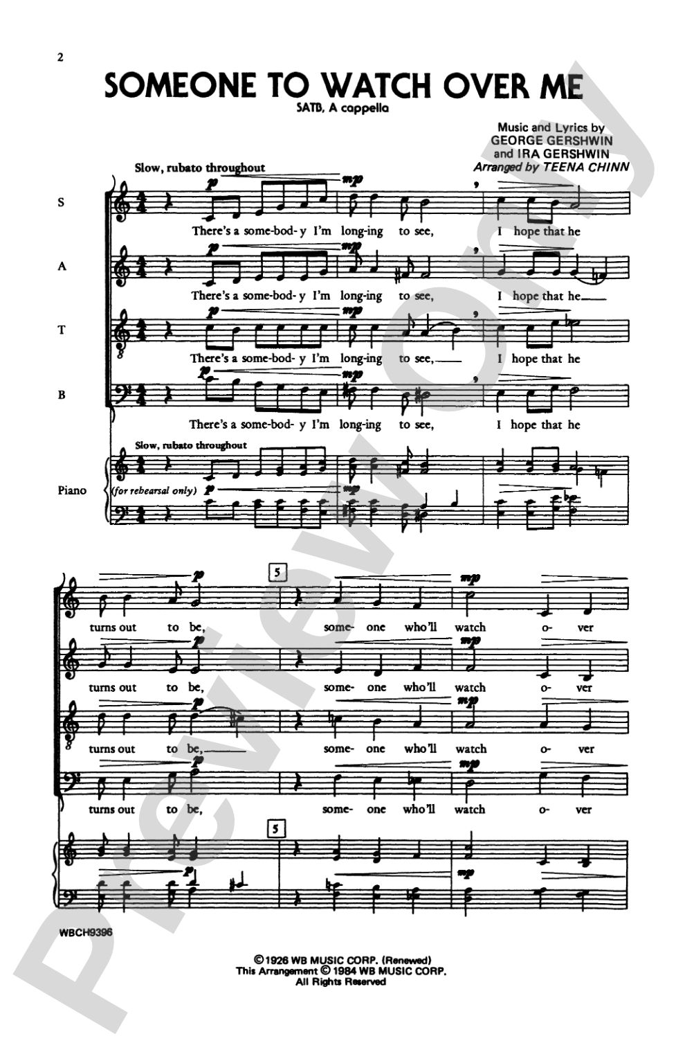 Someone to Watch Over Me: SATB, <I>a cappella</I> Choral Octavo
