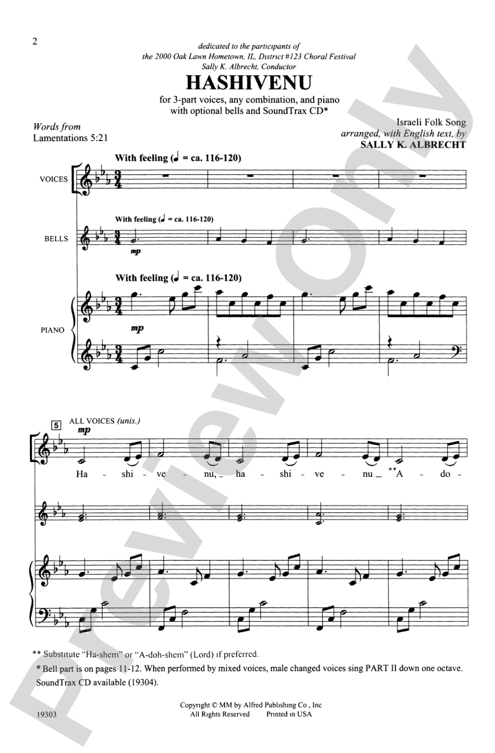 Hashivenu (Israeli Folk Song): 3-Part (any combination) Choral Octavo