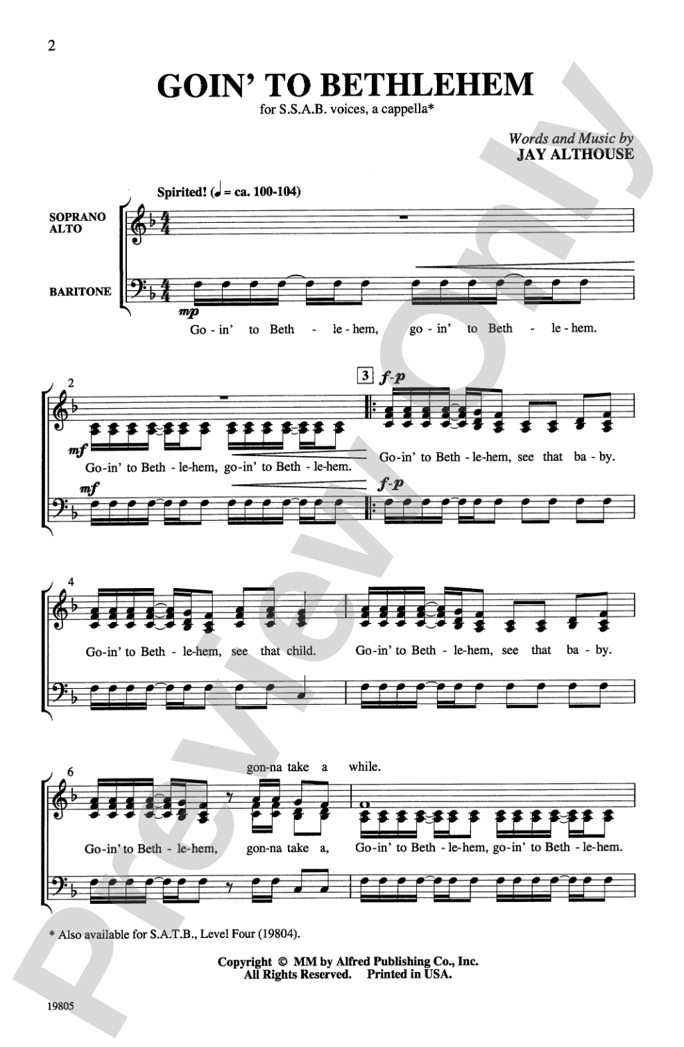 Goin' to Bethlehem: SSAB, <I>a cappella</I> Choral Octavo