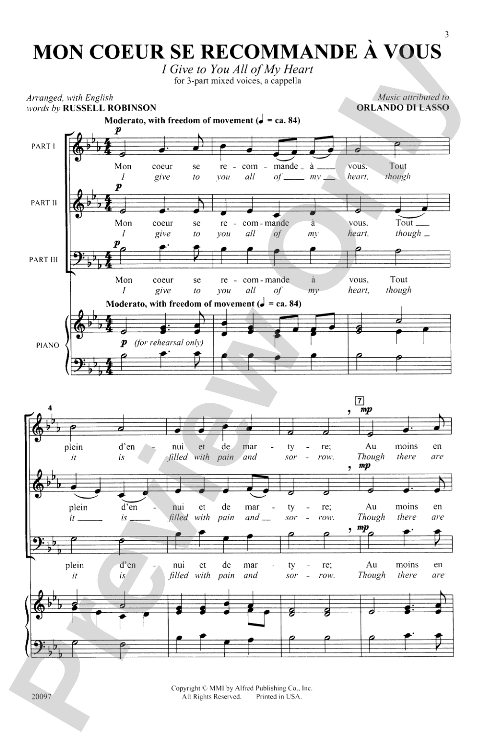 Mon Coeur Se Recommande à Vous (I Give to You All of My Heart): 3-Part Mixed, <I>a cappella</I> Choral Octavo