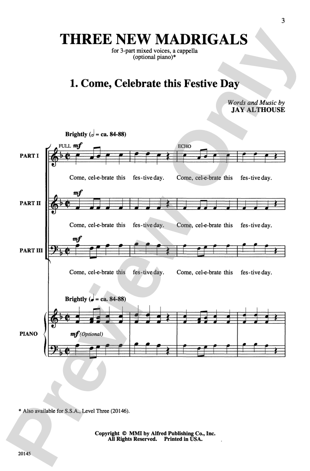 Three New Madrigals: 3-Part Mixed, <I>a cappella</I> Choral Octavo