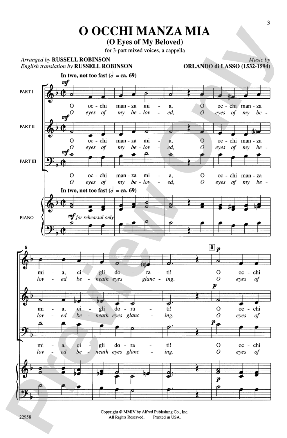 O Occhi Manza Mia (O Eyes of My Beloved): 3-Part, <I>a cappella</I> Choral Octavo