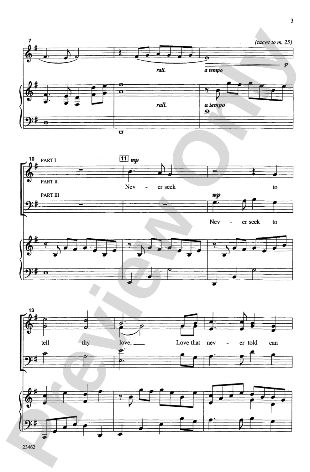 Never Seek to Tell Thy Love: 3-Part Mixed Choral Octavo