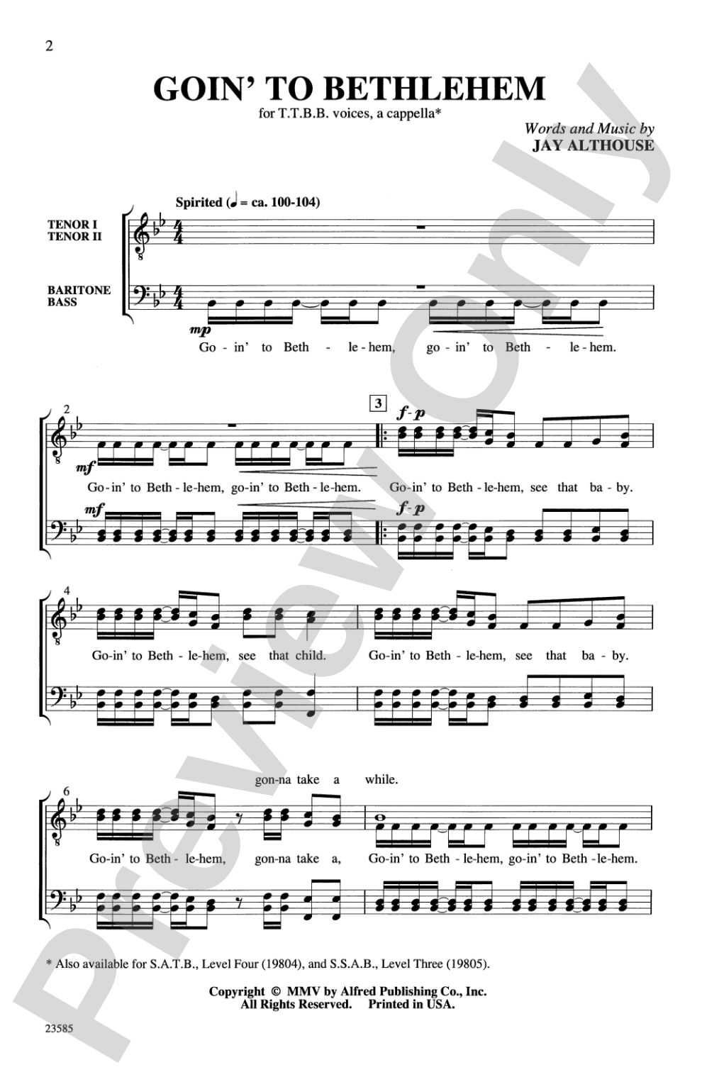 Goin' to Bethlehem: TTBB, <I>a cappella</I> Choral Octavo