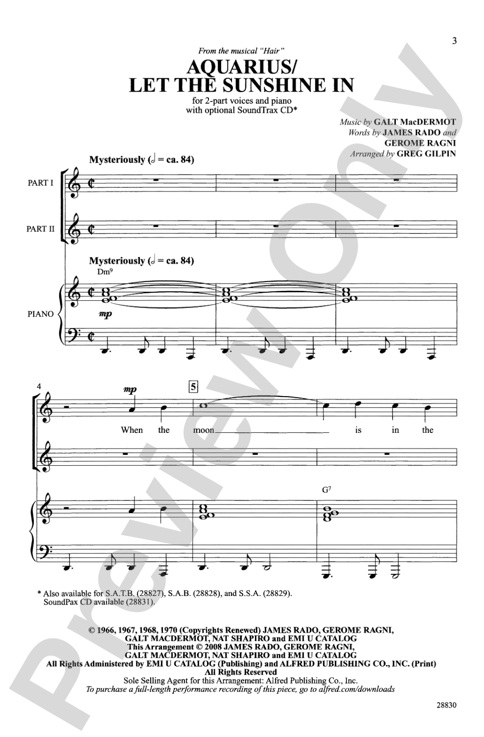Aquarius / Let the Sunshine In: 2-Part Choral Octavo