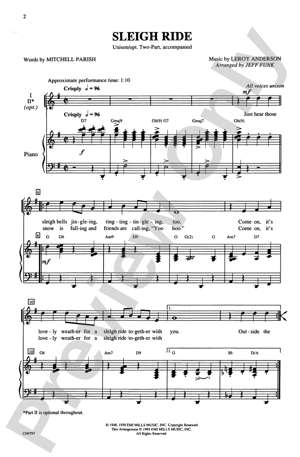 Sleigh Ride: Unison / Opt. 2-Part Choral Octavo