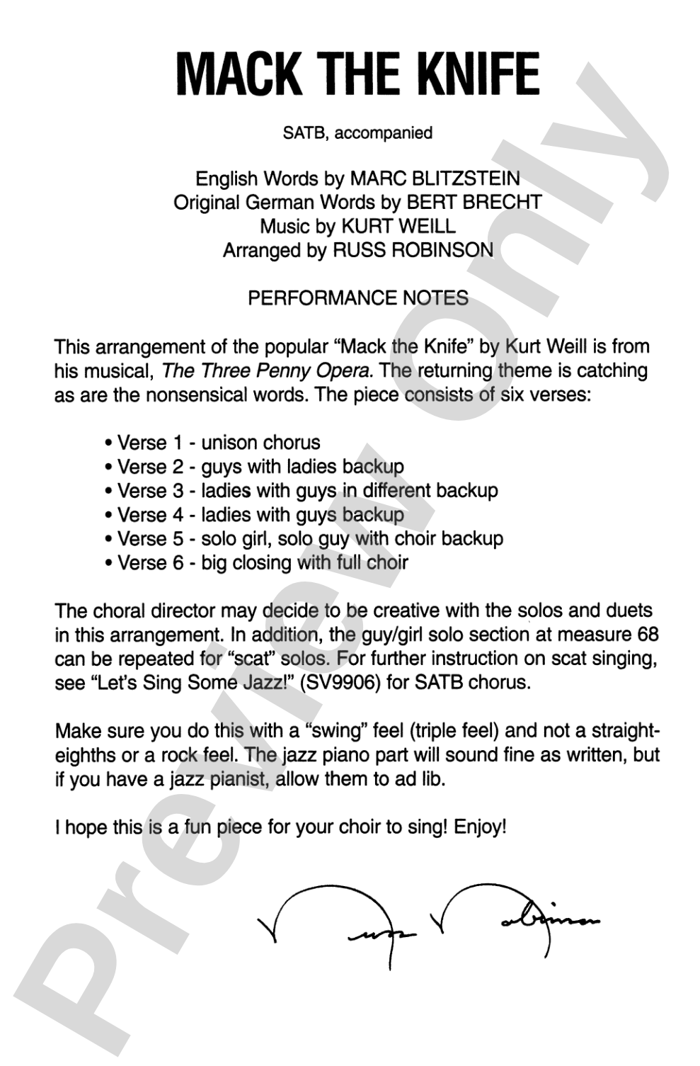 Mack the Knife: SATB Choral Octavo