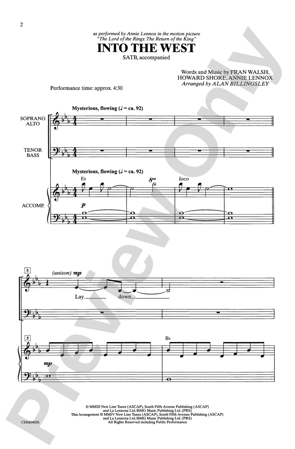 Into the West (from <I>The Lord of the Rings: The Return of the King</I>): SATB Choral Octavo