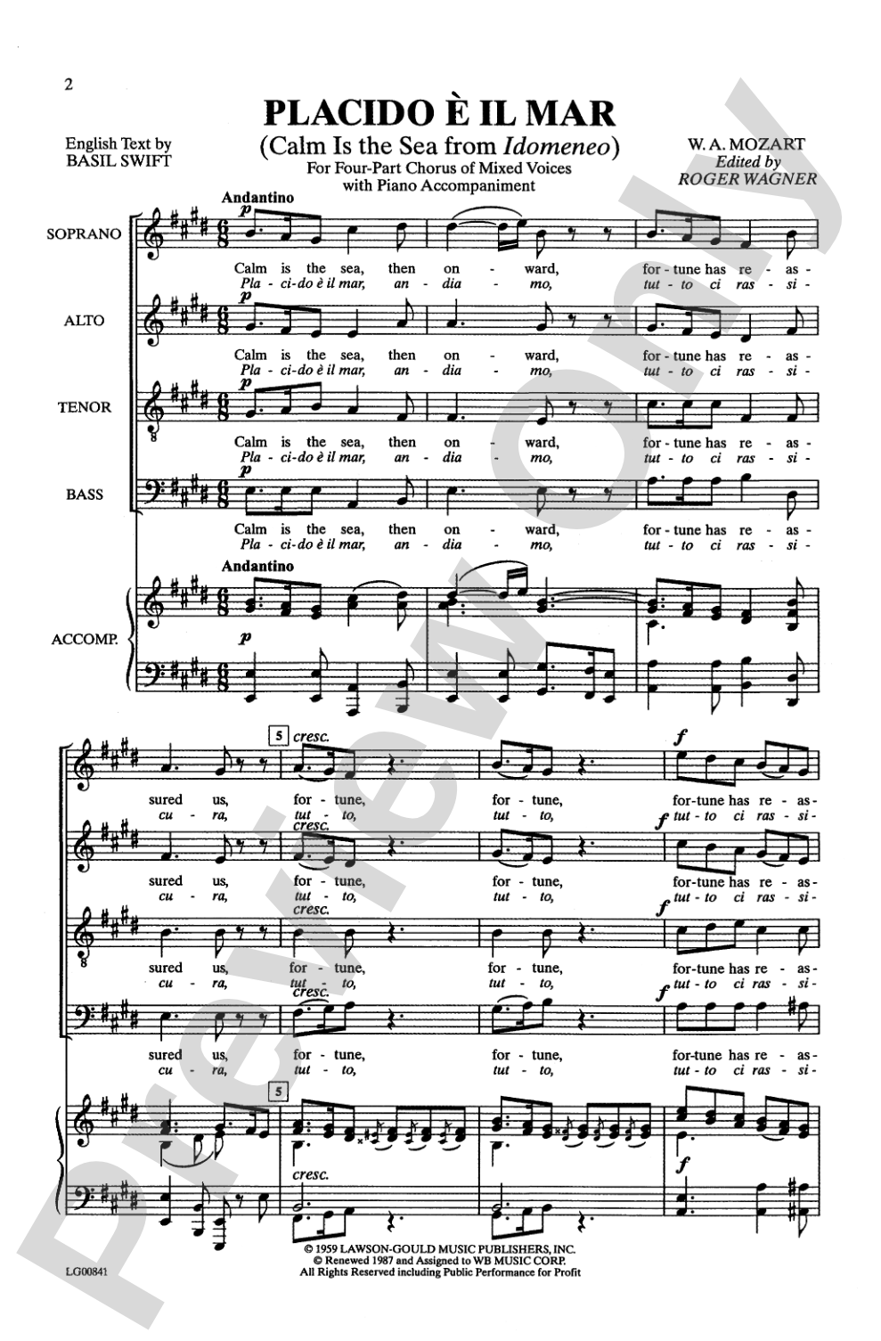 Placido e il mar (Calm Is the Sea): SATB Choral Octavo