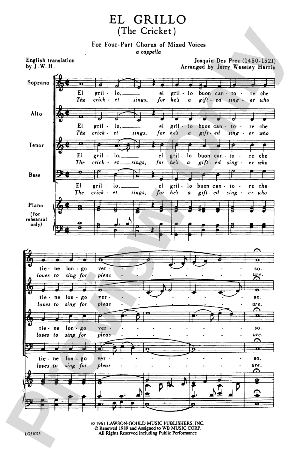 El Grillo (The Cricket): SATB Choral Octavo