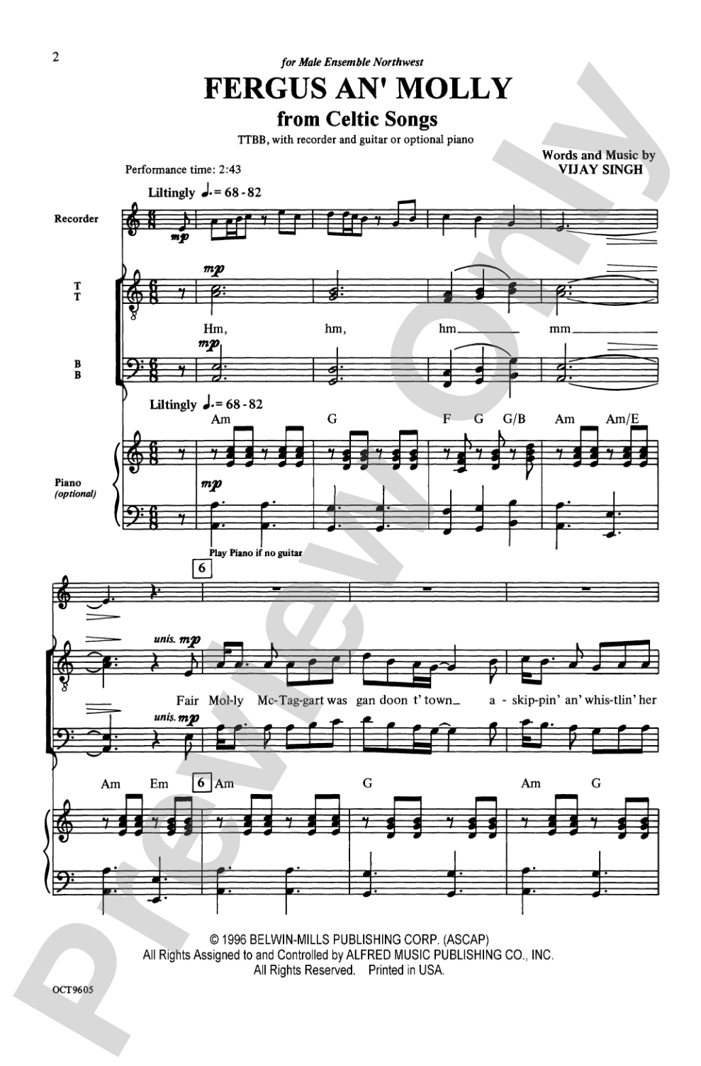 Fergus an' Molly (from <I>Celtic Songs</I>): TTBB Choral Octavo