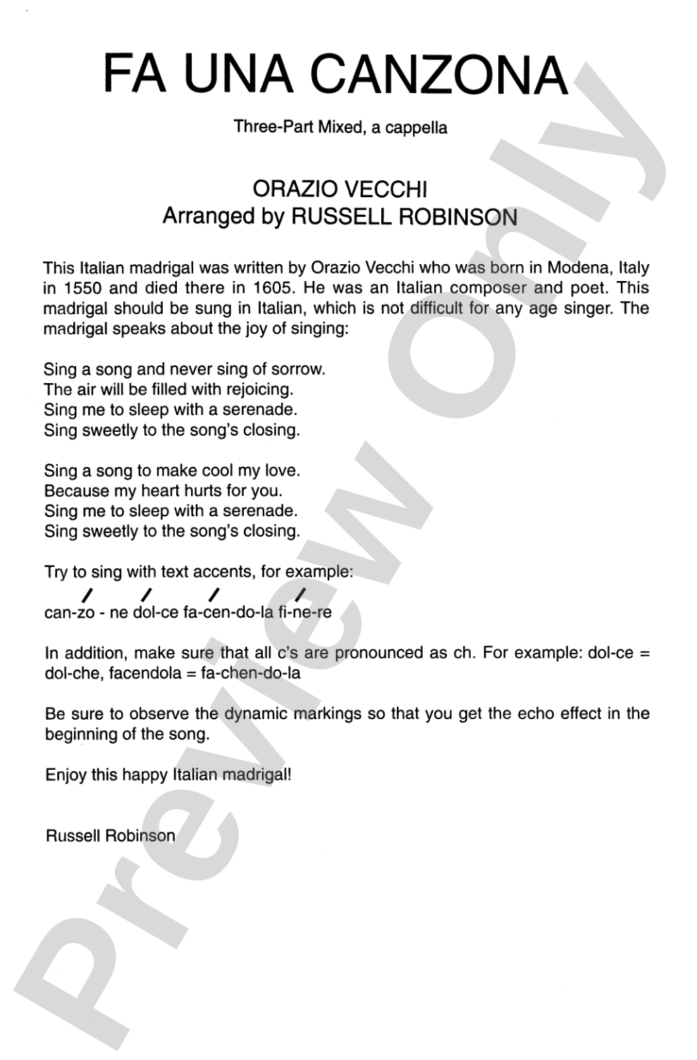 Fa Una Canzona (Sing Now a Song): 3-Part Mixed, <I>a cappella</I> Choral Octavo