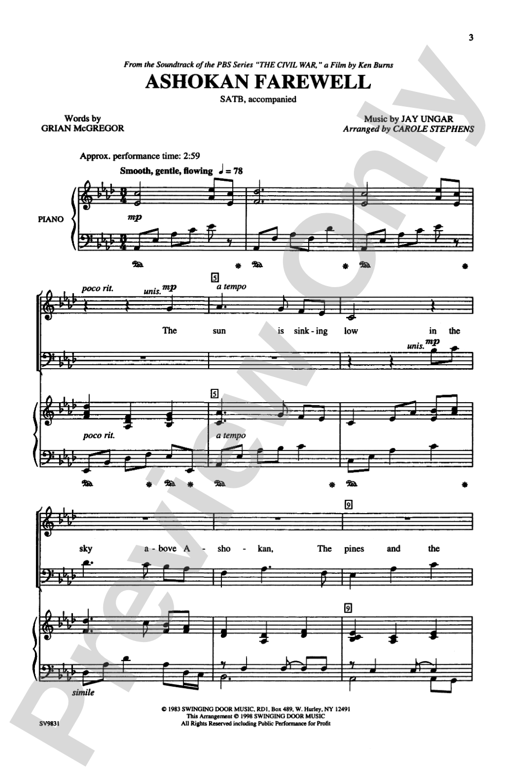 Ashokan Farewell (from "The Civil War," a Film by Ken Burns): SATB Choral Octavo