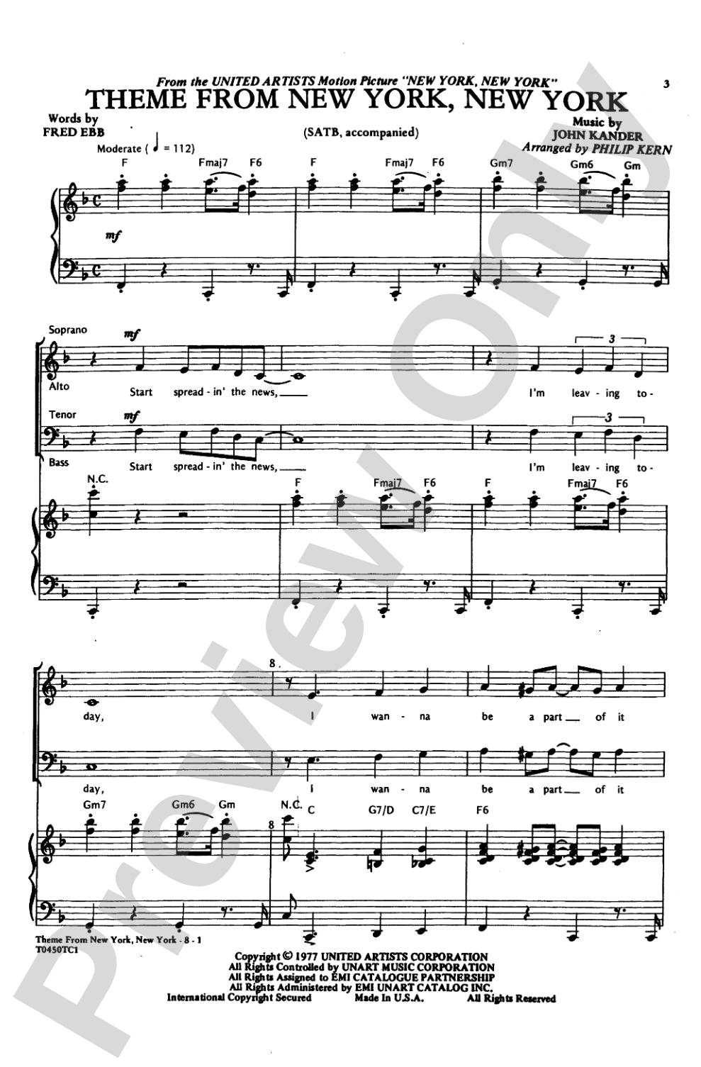 <I>New York, New York,</I> Theme from: SATB Choral Octavo