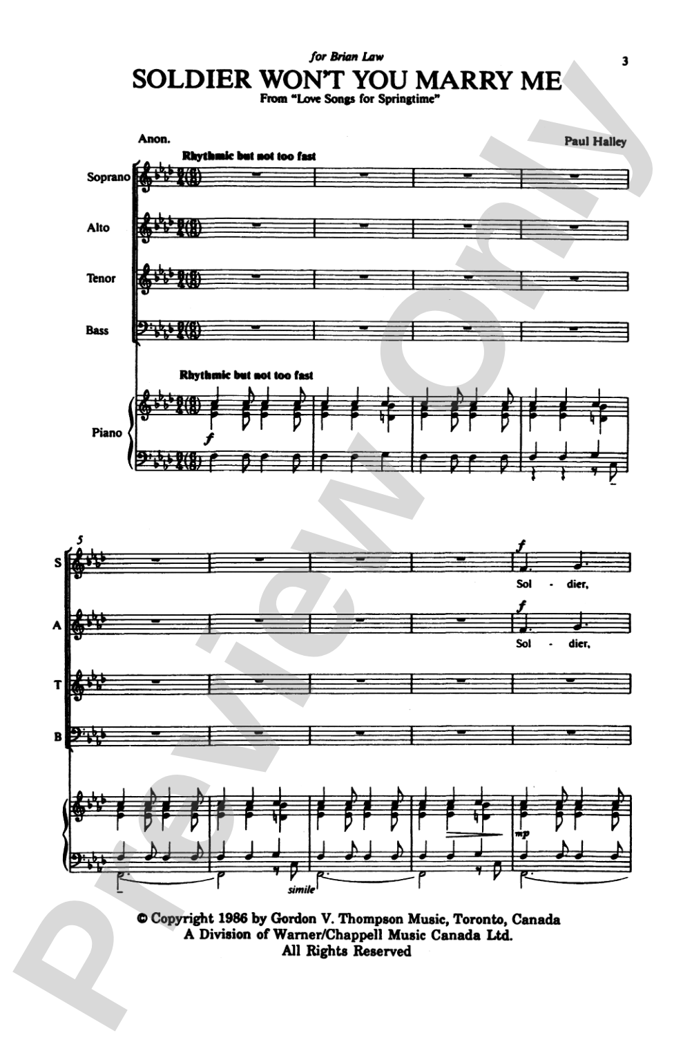 Soldier, Won't You Marry Me? (from <I>Love Songs for Springtime</I>): SATB Choral Octavo
