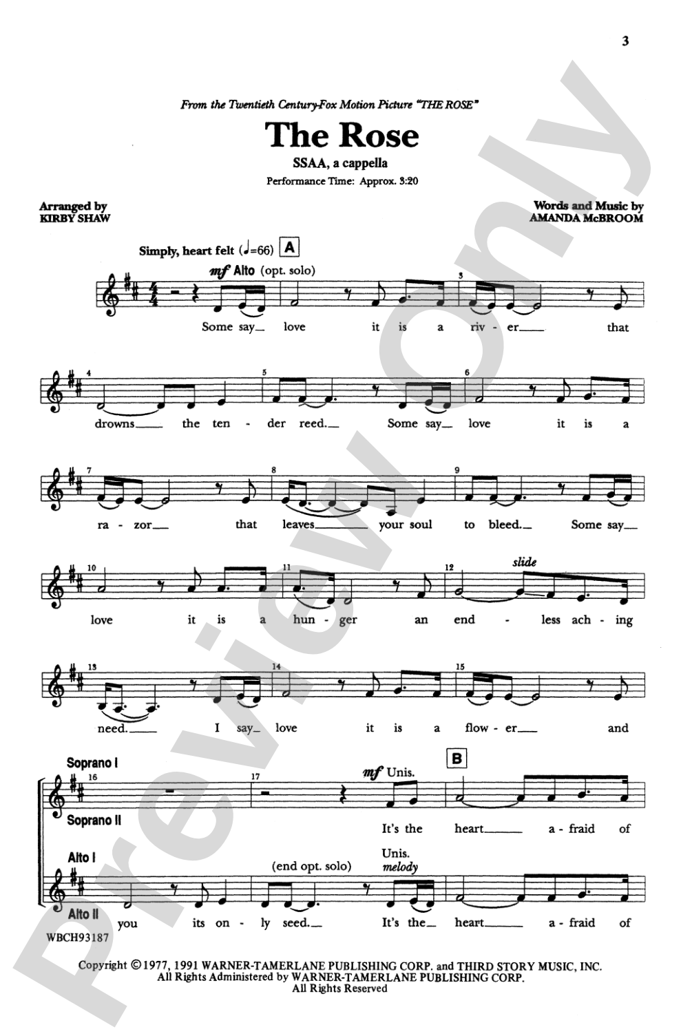 The Rose: SSAA, <I>a cappella</I> Choral Octavo