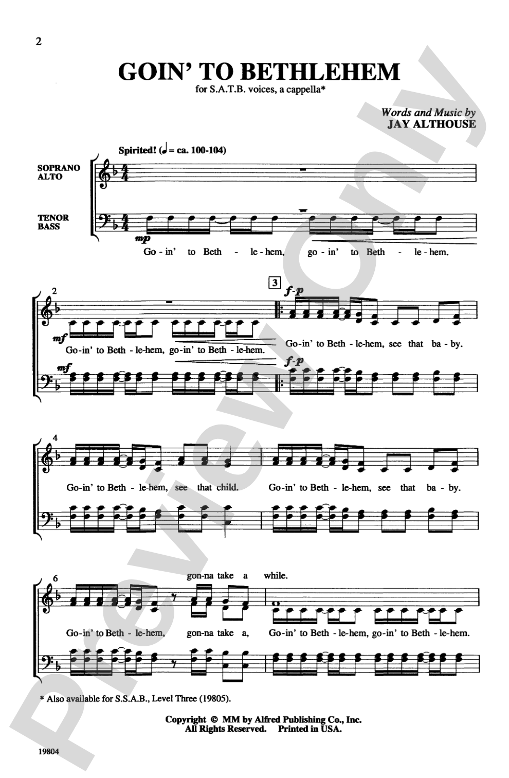 Goin' to Bethlehem: SATB, <I>a cappella</I> Choral Octavo