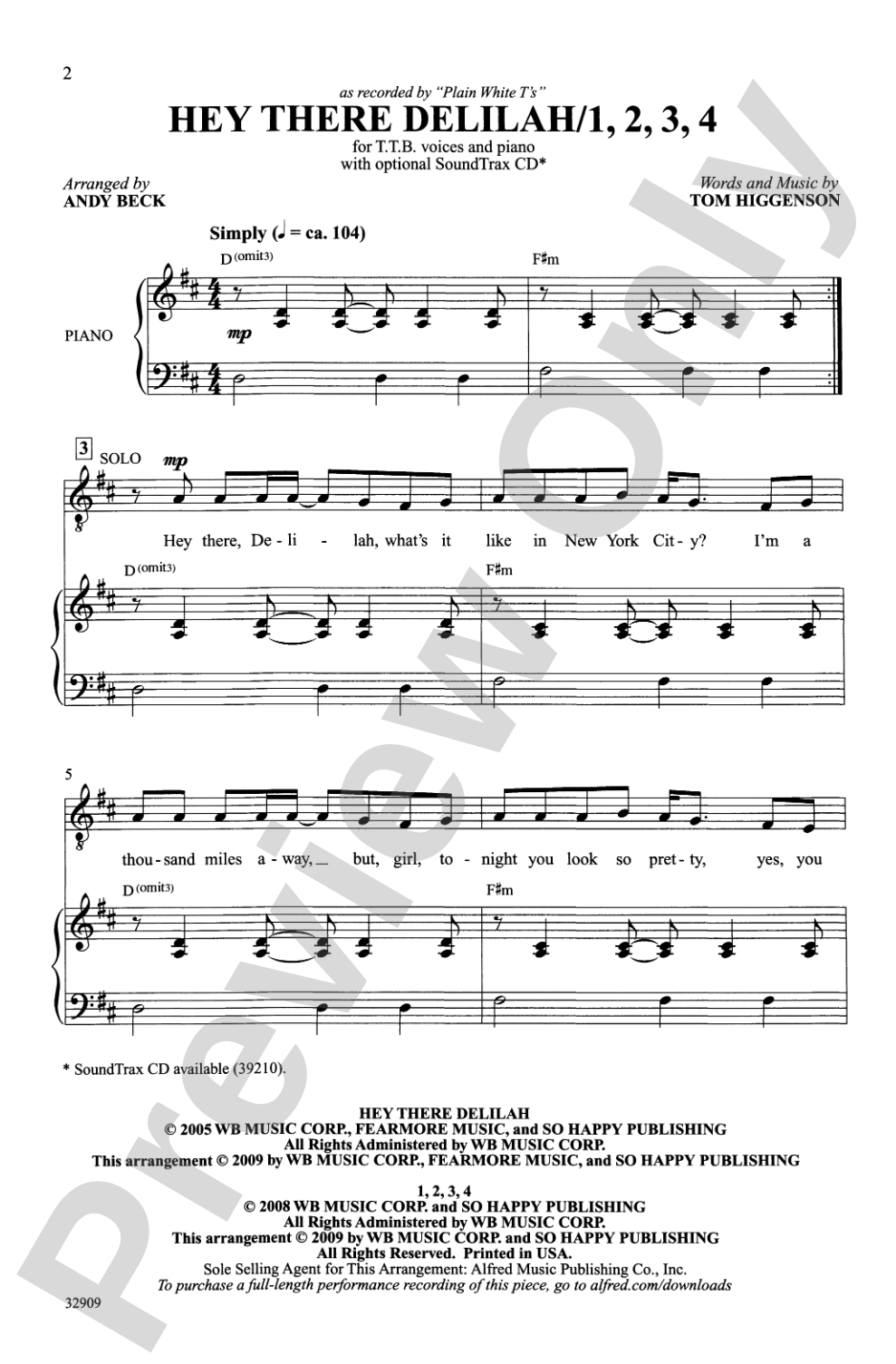 Hey There Delilah / 1, 2, 3, 4: TTB Choral Octavo