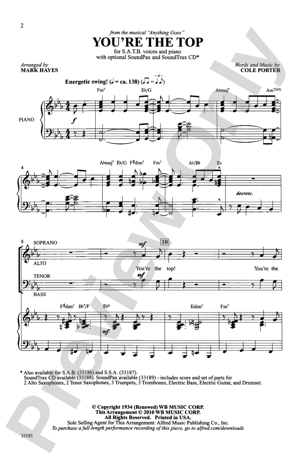 You're the Top (from the musical <i>Anything Goes</i>): SATB Choral Octavo