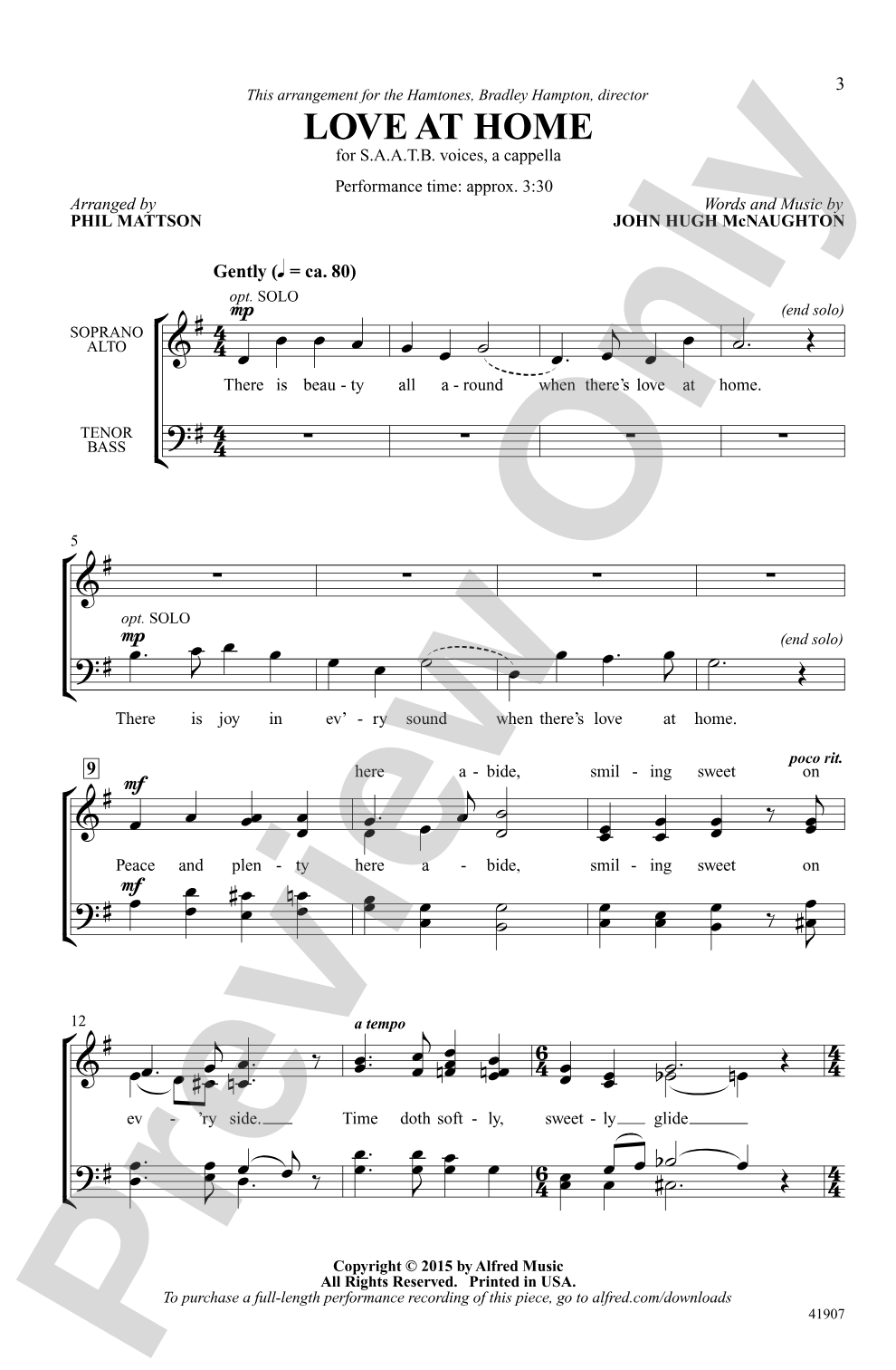 Love at Home: SSATB, <I>a cappella</I> Choral Octavo