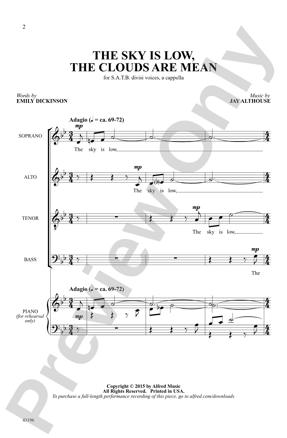 The Sky Is Low, the Clouds Are Mean: SATB <i>a cappella</i> Choral Octavo