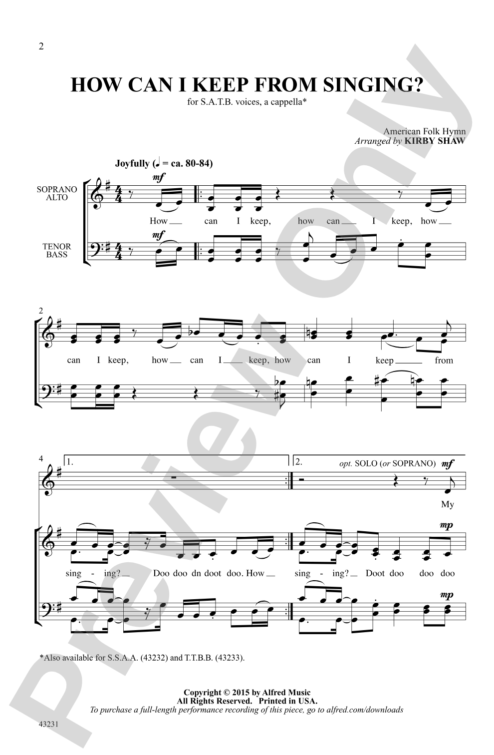 How Can I Keep from Singing?: SATB <i>a cappella</i> Choral Octavo