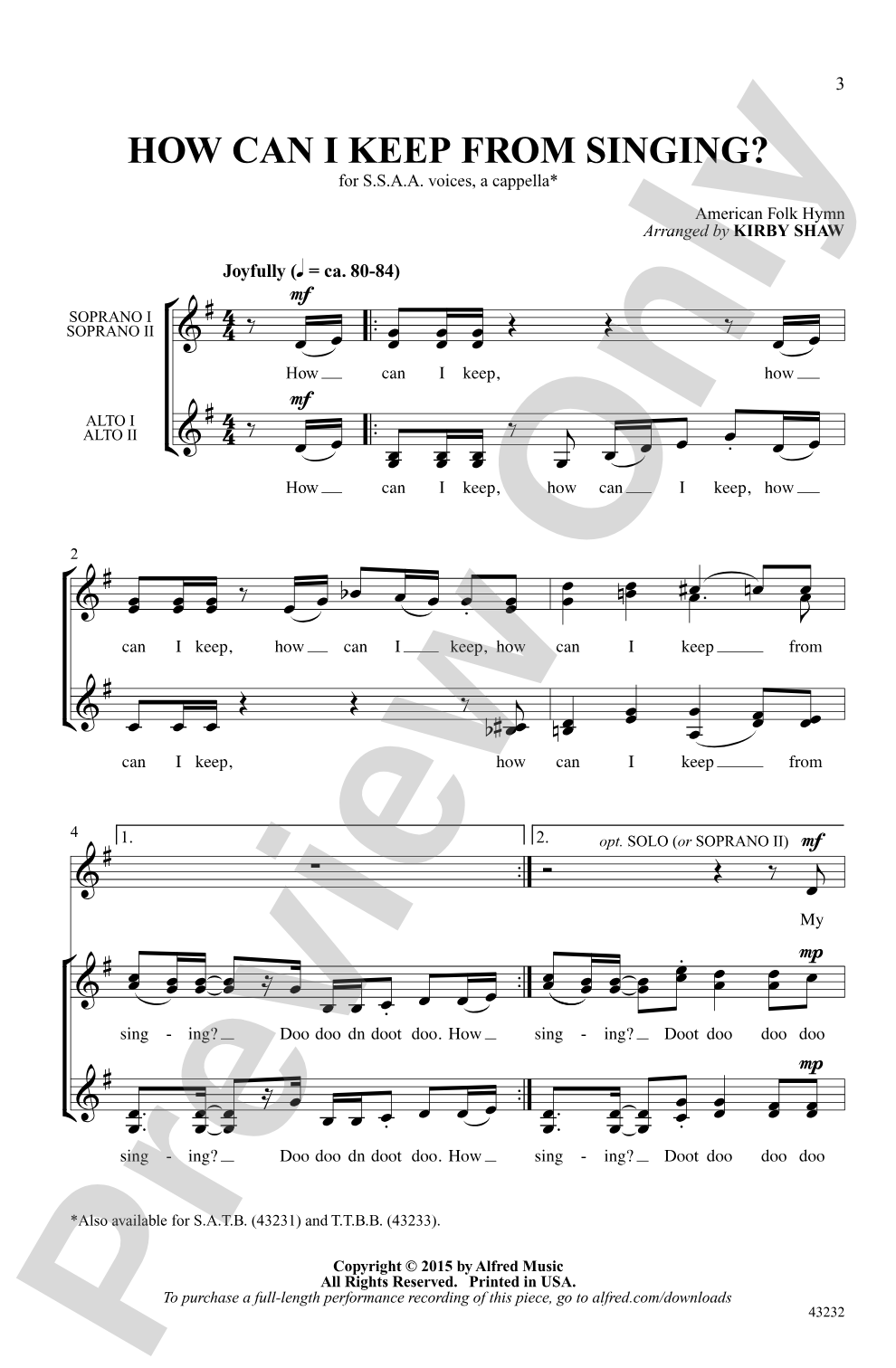 How Can I Keep from Singing?: SSAA, <I>a cappella</I> Choral Octavo