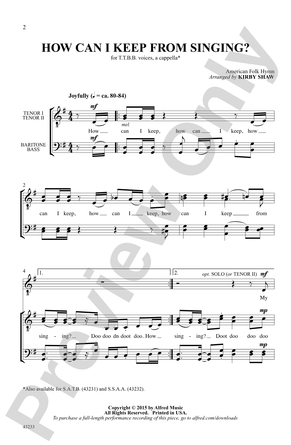 How Can I Keep from Singing?: TTBB, <I>a cappella</I> Choral Octavo