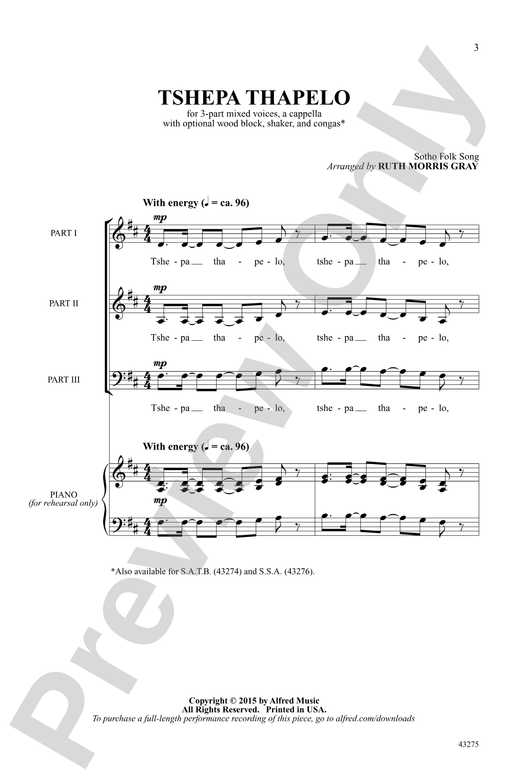 Tshepa Thapelo: 3-Part, <I>a cappella</I> Choral Octavo