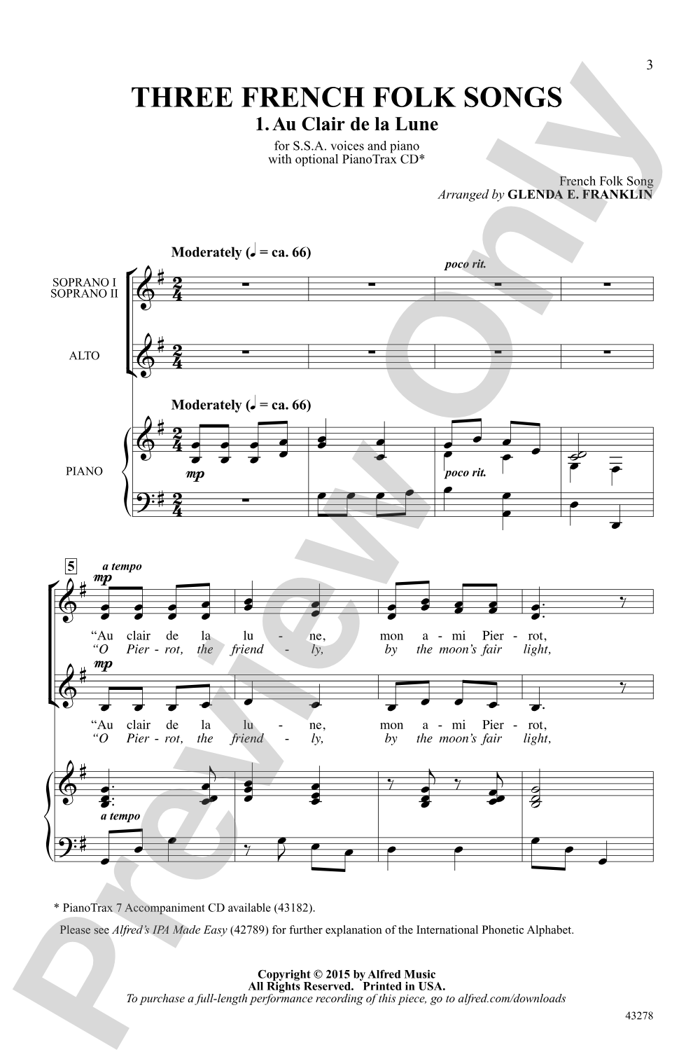 Three French Folk Songs: SSA Choral Octavo