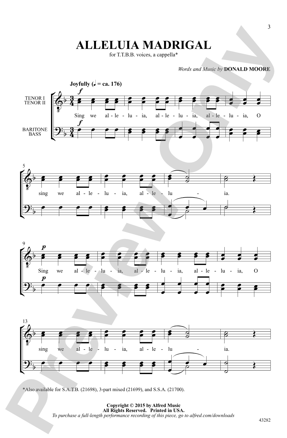 Alleluia Madrigal: TTBB, <i>a cappella</i> Choral Octavo