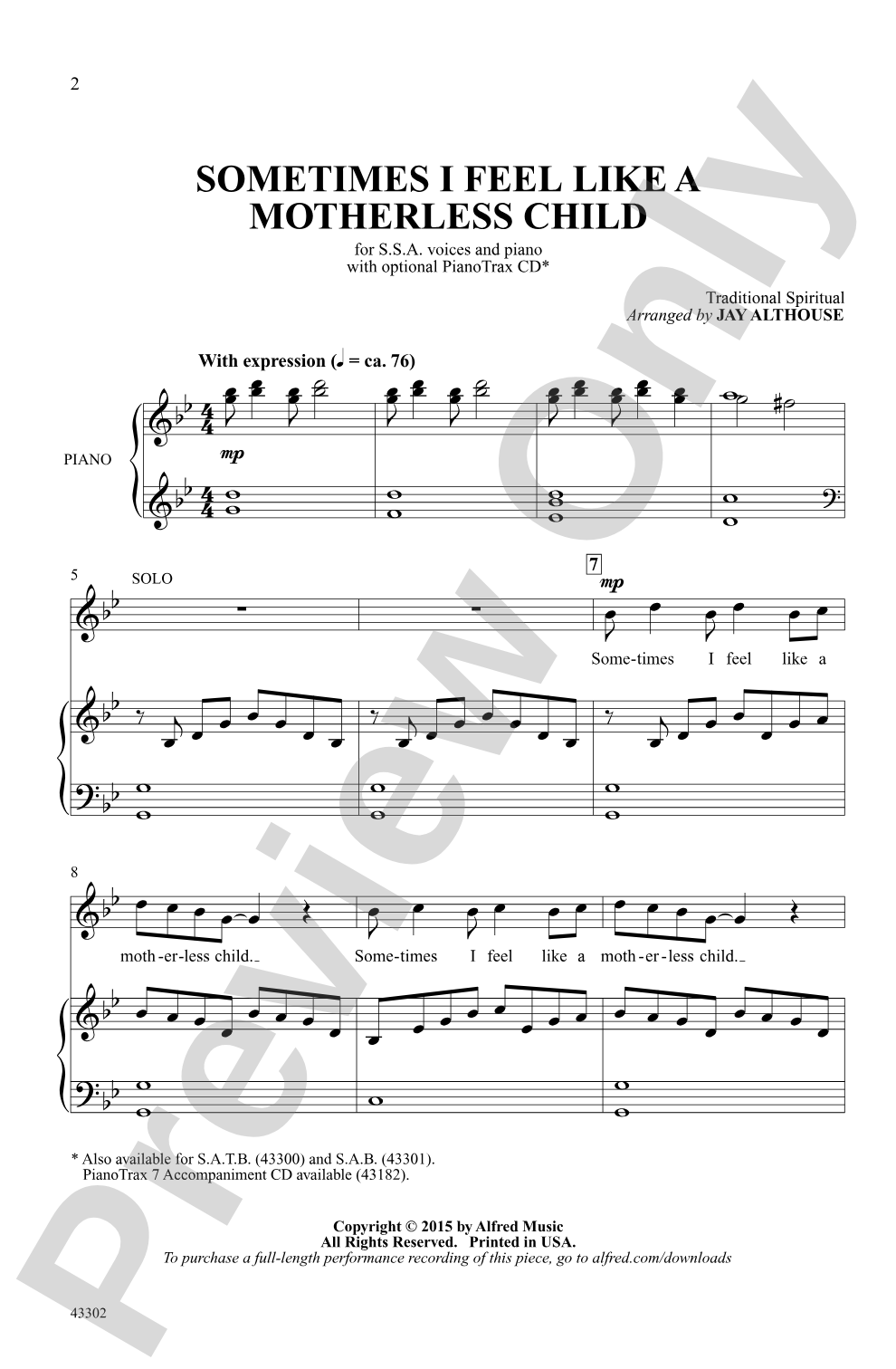Sometimes I Feel Like a Motherless Child: SSA Choral Octavo
