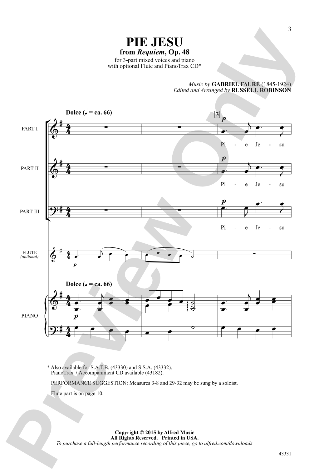 Pie Jesu (from Requiem, Op. 48): 3-Part Mixed Choral Octavo