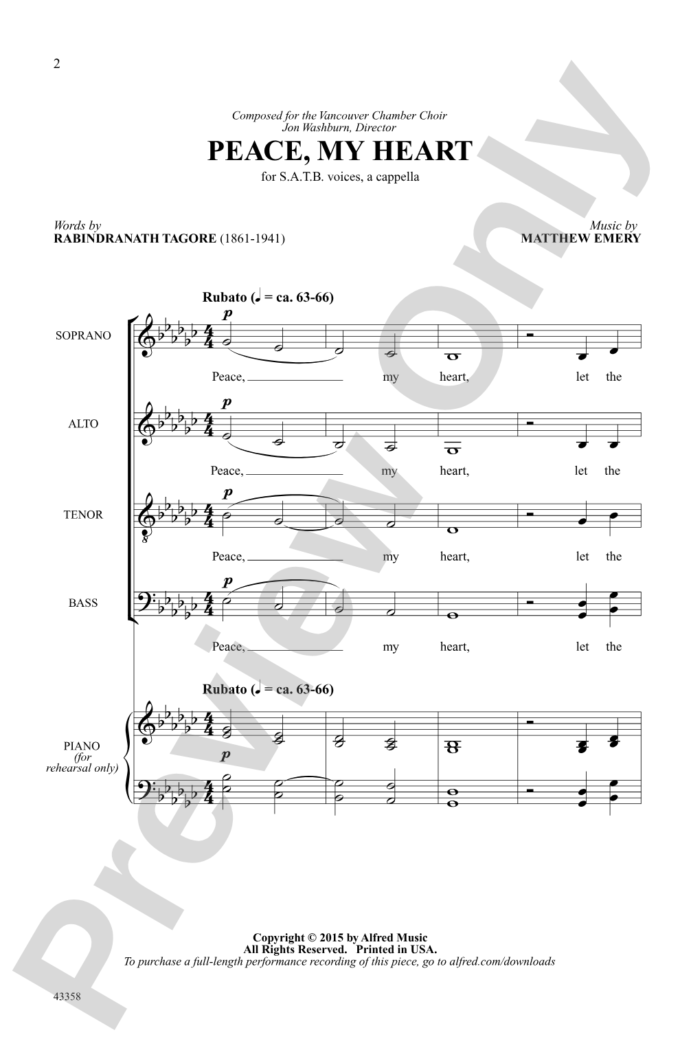 Peace, My Heart: SATB, <I>a cappella</I> Choral Octavo
