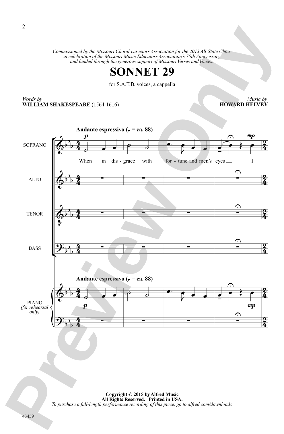 Sonnet 29: SATB, <I>a cappella</I> Choral Octavo