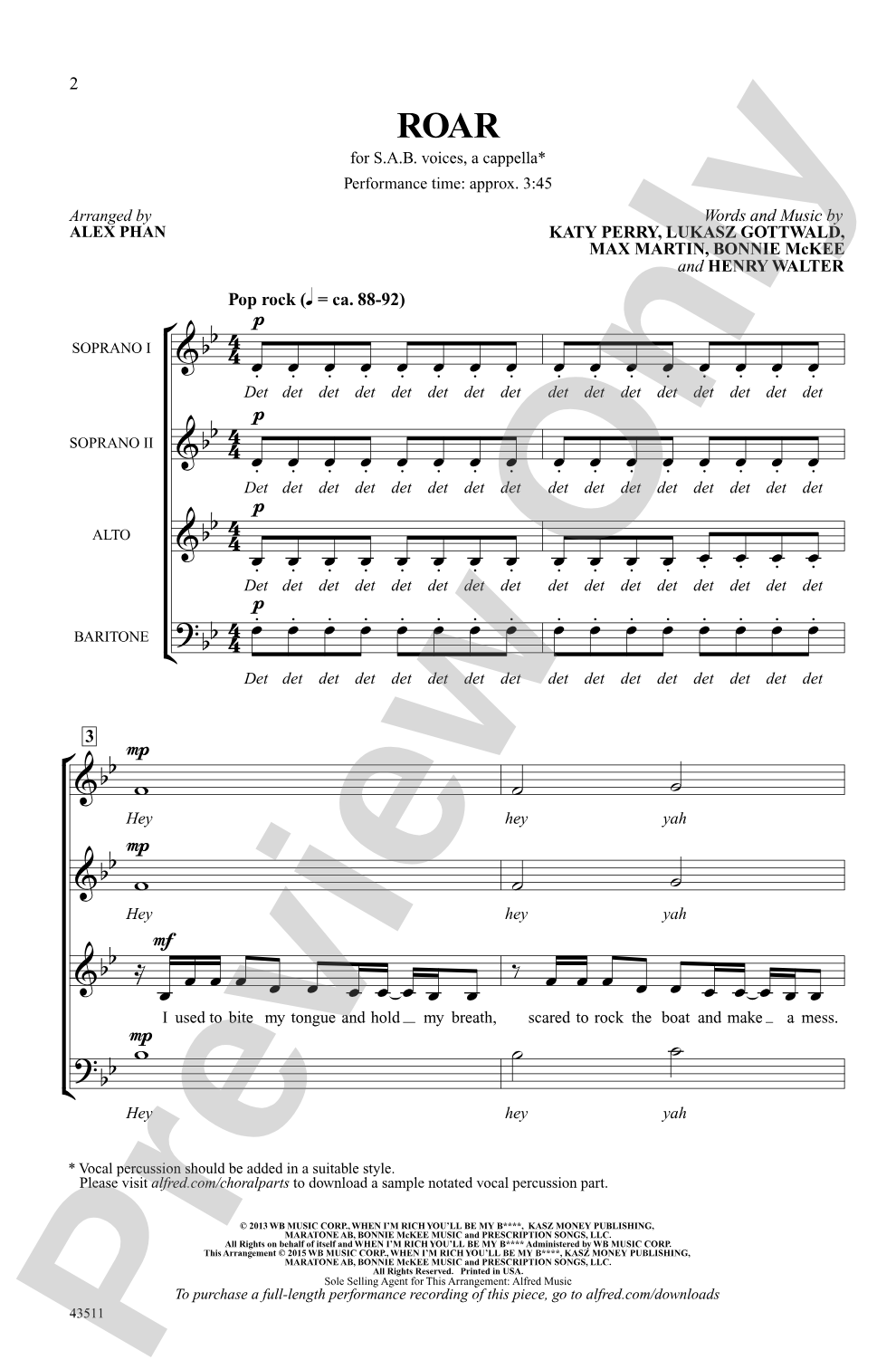 Roar: SAB, <I>a cappella</I> Choral Octavo