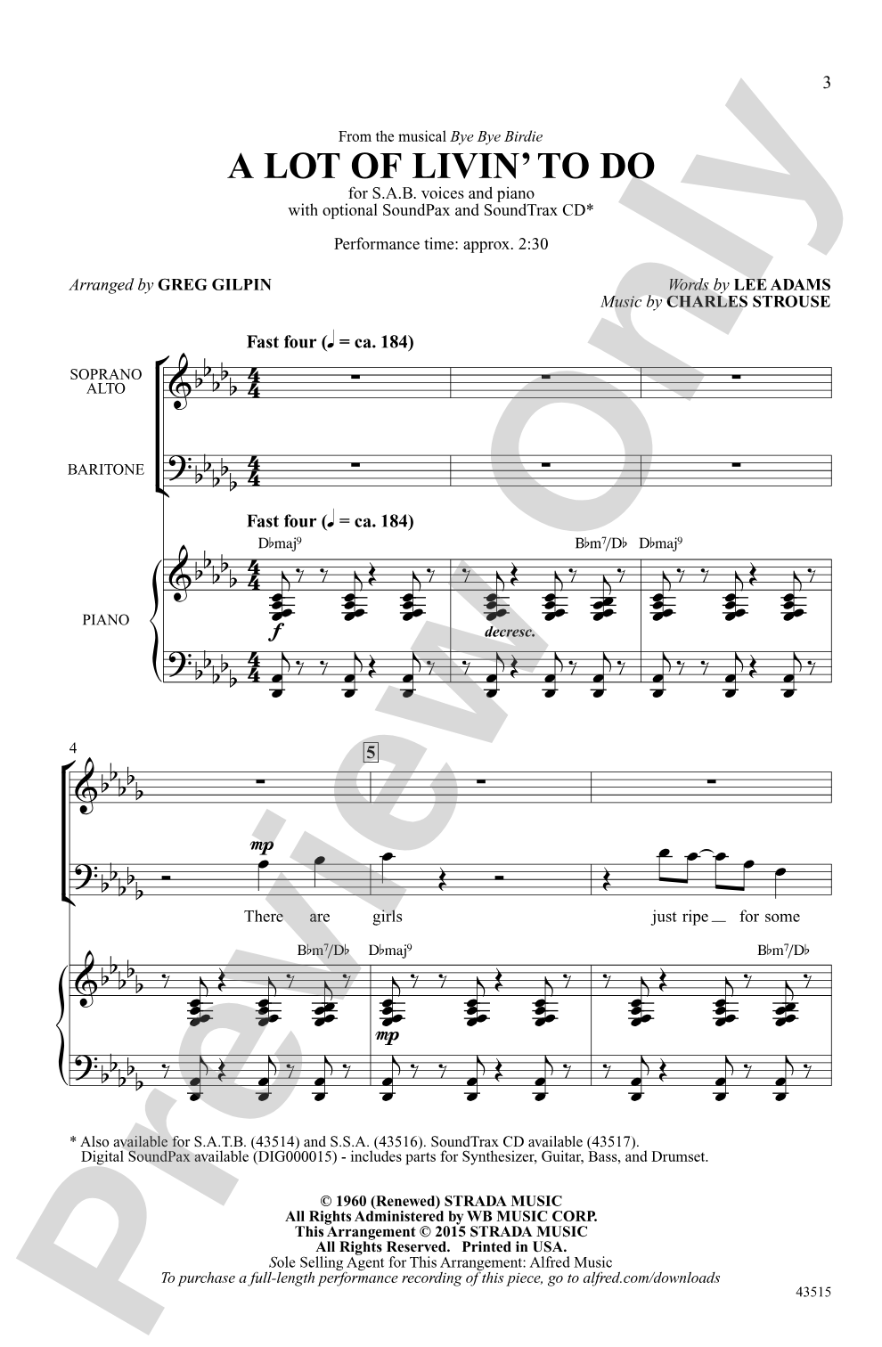 A Lot of Livin' to Do (from the musical <i>Bye, Bye, Birdie</i>): SAB Choral Octavo