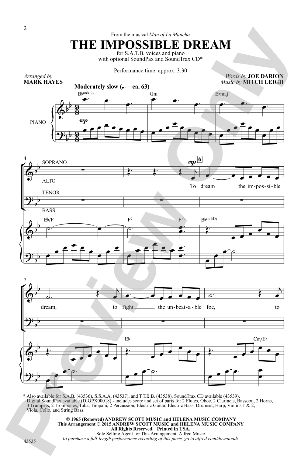 The Impossible Dream (from the musical <i>Man of La Mancha</i>): SATB Choral Octavo