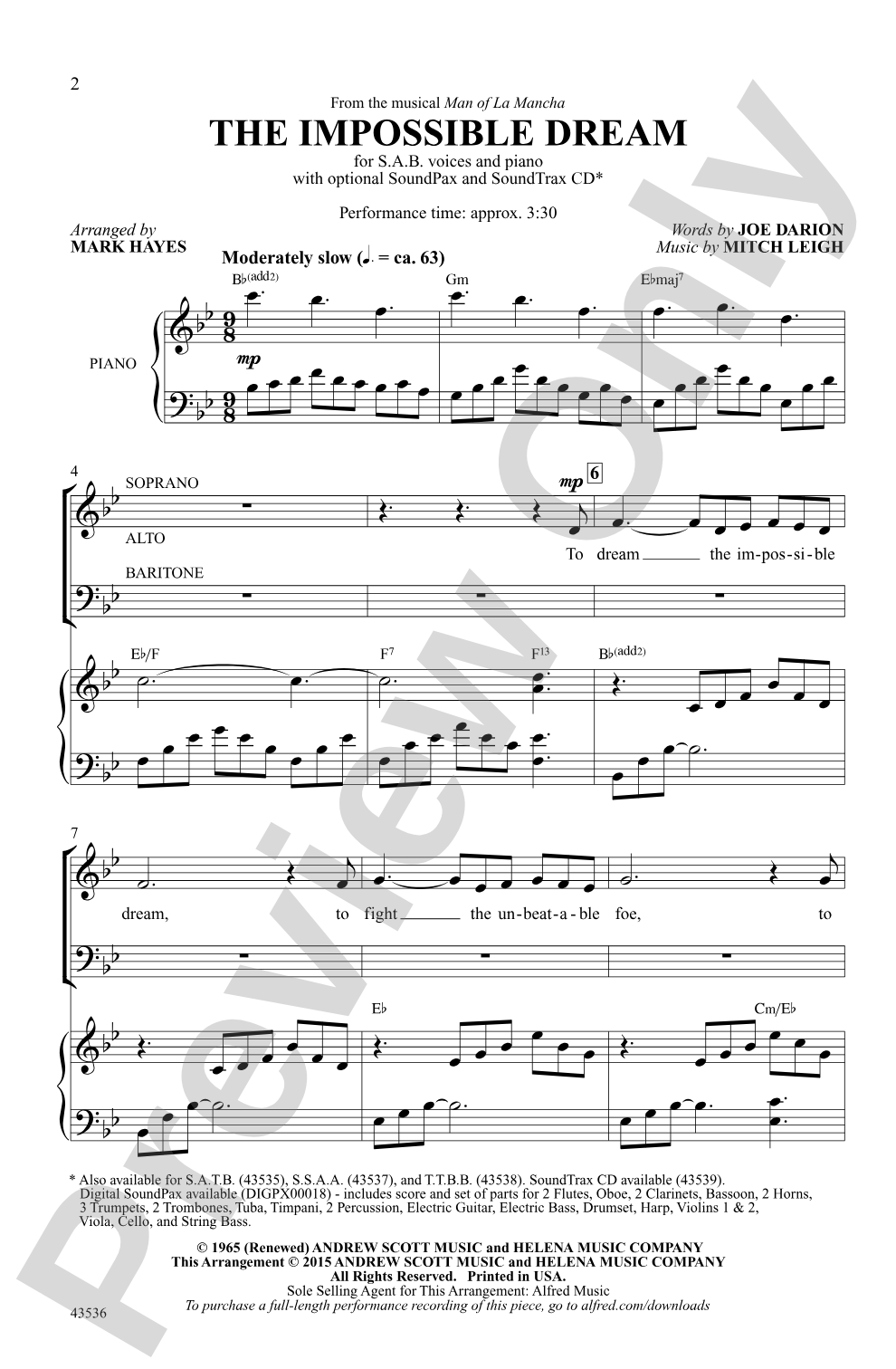 The Impossible Dream (from the musical <i>Man of La Mancha</i>): SAB Choral Octavo