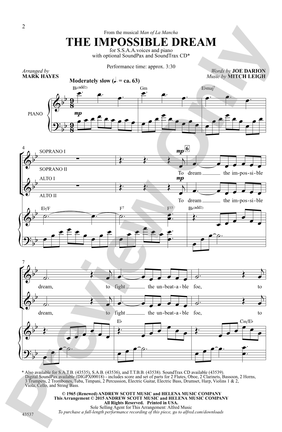 The Impossible Dream (from the musical <i>Man of La Mancha</i>): SSAA Choral Octavo