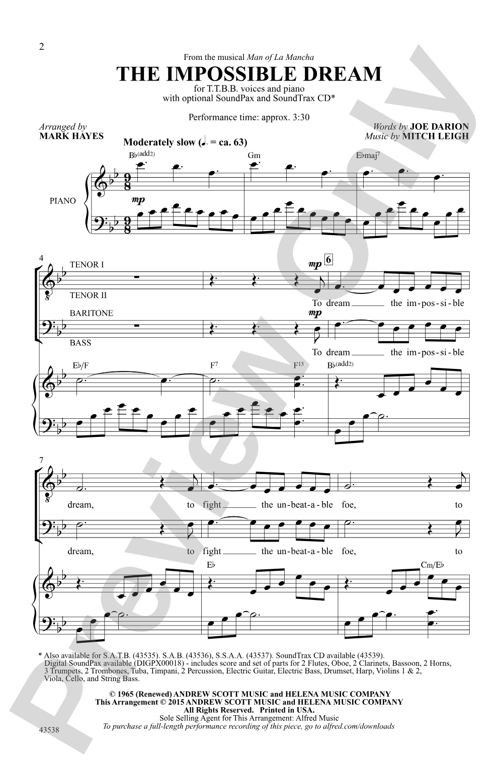 The Impossible Dream (from the musical <i>Man of La Mancha</i>): TTBB Choral Octavo