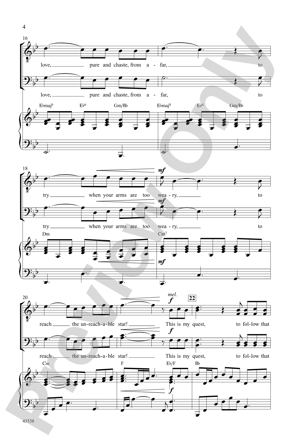 The Impossible Dream (from the musical <i>Man of La Mancha</i>): TTBB Choral Octavo