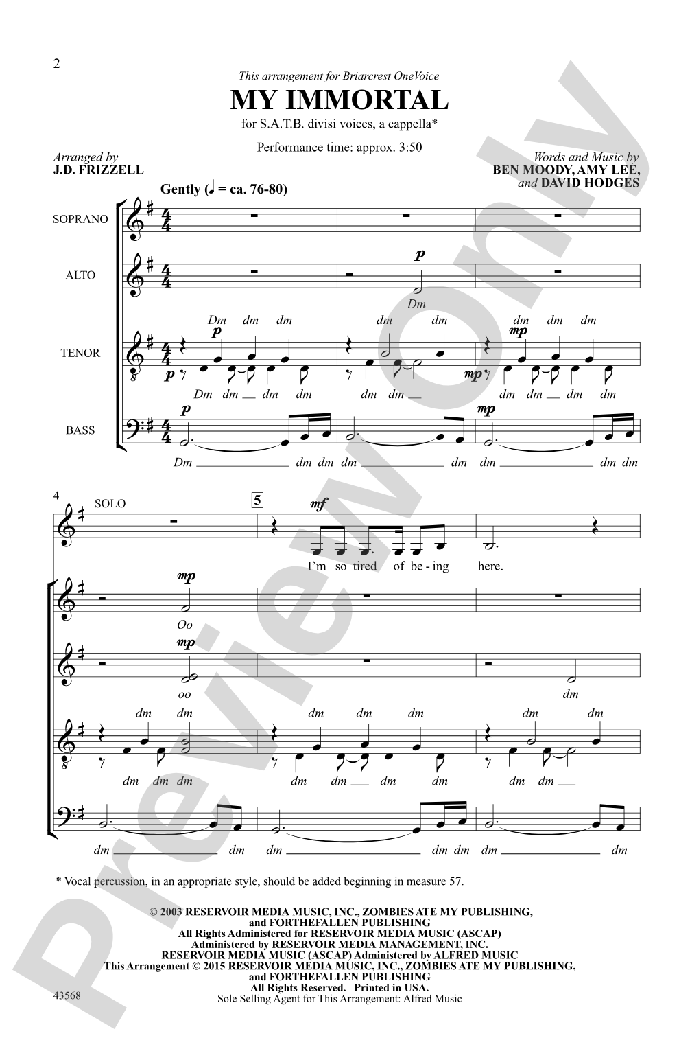 My Immortal: SATB divisi, <i>a cappella</i> Choral Octavo